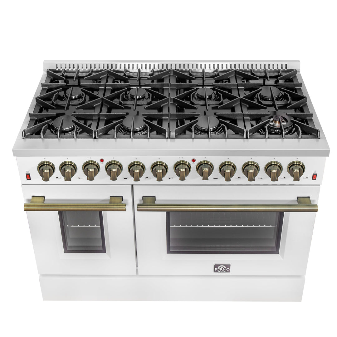 Galiano 48-inch Dual Fuel Range White &amp; Antique Brass Design with 8 Sealed Burners 107,000 BTU, 6.58 cu. ft. double ovens &amp; Griddle