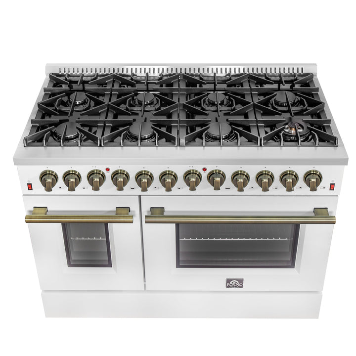 Galiano 48-inch Dual Fuel Range White &amp; Antique Brass Design with 8 Sealed Burners 107,000 BTU, 6.58 cu. ft. double ovens &amp; Griddle