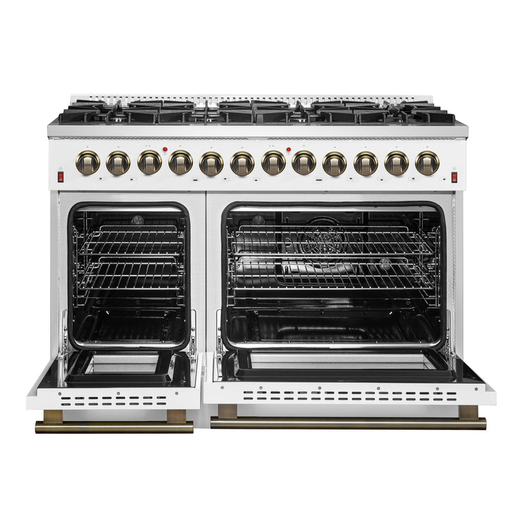 Galiano 48-inch Dual Fuel Range White &amp; Antique Brass Design with 8 Sealed Burners 107,000 BTU, 6.58 cu. ft. double ovens &amp; Griddle