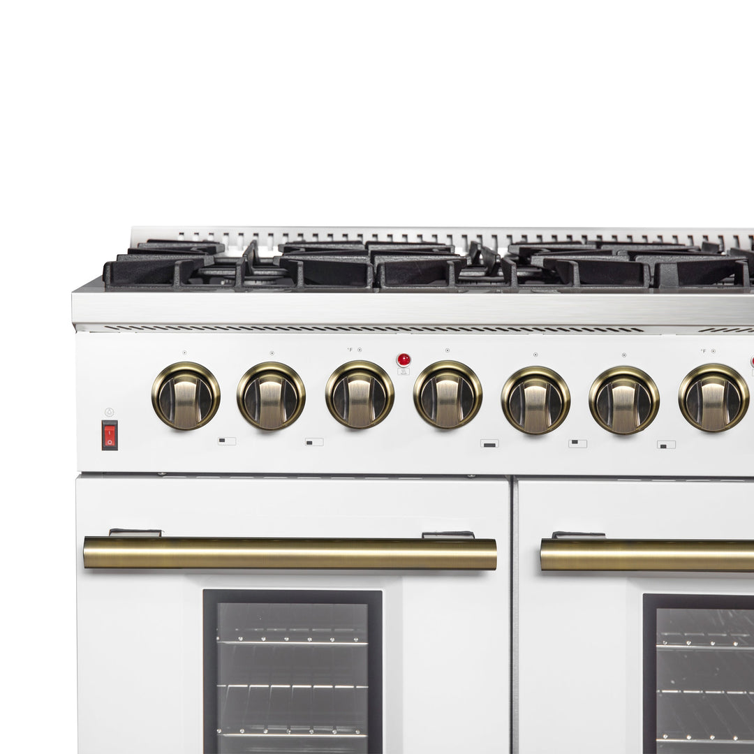 Galiano 48-inch Dual Fuel Range White &amp; Antique Brass Design with 8 Sealed Burners 107,000 BTU, 6.58 cu. ft. double ovens &amp; Griddle