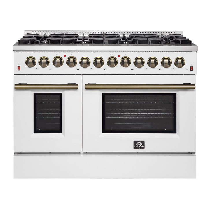 Galiano 48-inch Dual Fuel Range White &amp; Antique Brass Design with 8 Sealed Burners 107,000 BTU, 6.58 cu. ft. double ovens &amp; Griddle