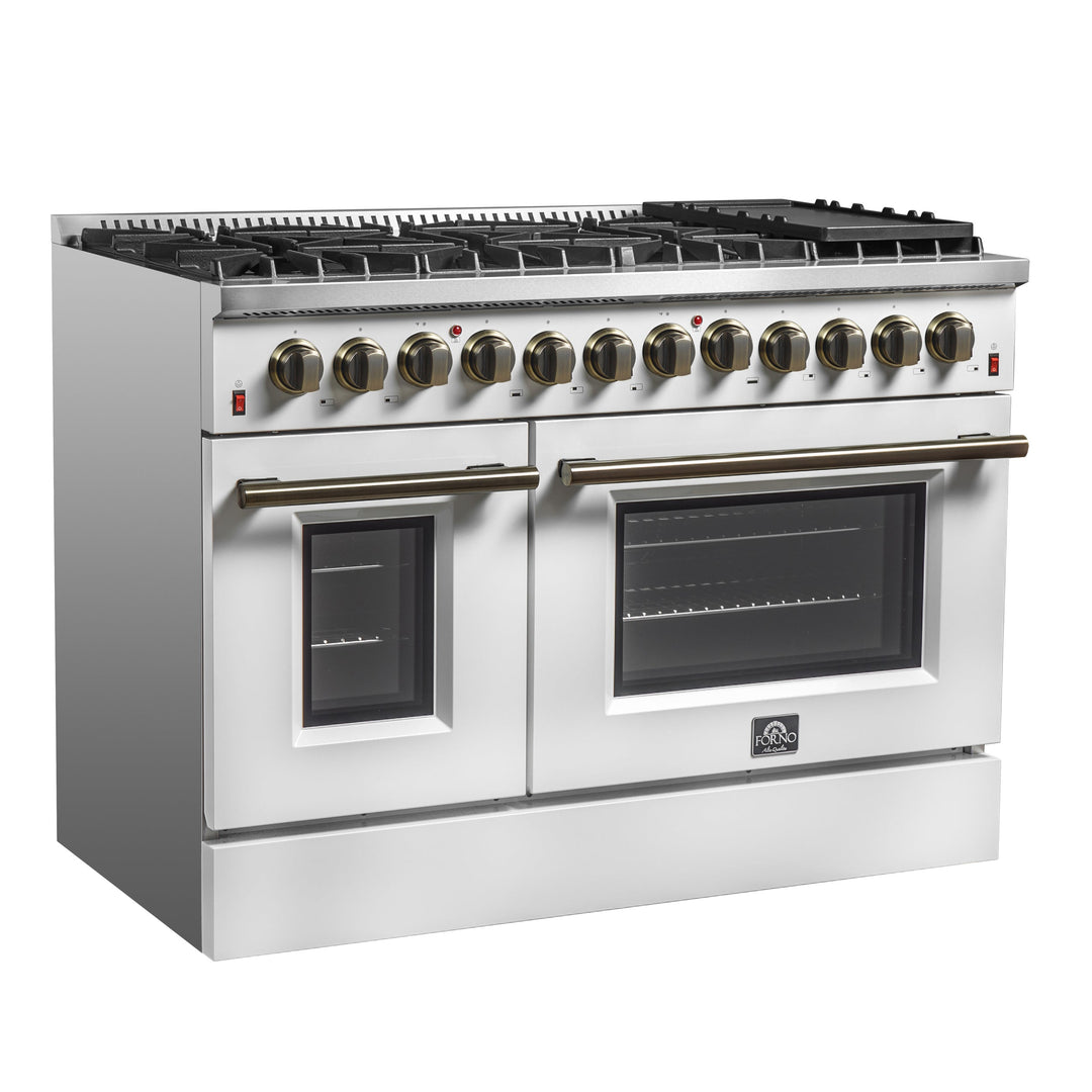 Galiano 48-inch Dual Fuel Range White &amp; Antique Brass Design with 8 Sealed Burners 107,000 BTU, 6.58 cu. ft. double ovens &amp; Griddle