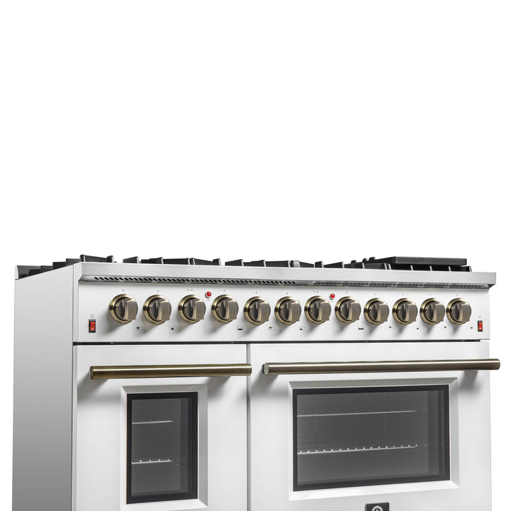 Galiano 48-inch Dual Fuel Range White &amp; Antique Brass Design with 8 Sealed Burners 107,000 BTU, 6.58 cu. ft. double ovens &amp; Griddle