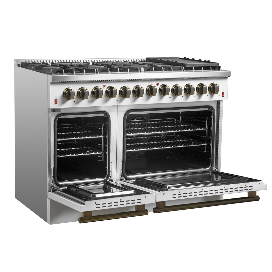 Galiano 48-inch Dual Fuel Range White &amp; Antique Brass Design with 8 Sealed Burners 107,000 BTU, 6.58 cu. ft. double ovens &amp; Griddle