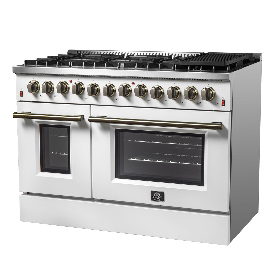 Galiano 48-inch Dual Fuel Range White &amp; Antique Brass Design with 8 Sealed Burners 107,000 BTU, 6.58 cu. ft. double ovens &amp; Griddle