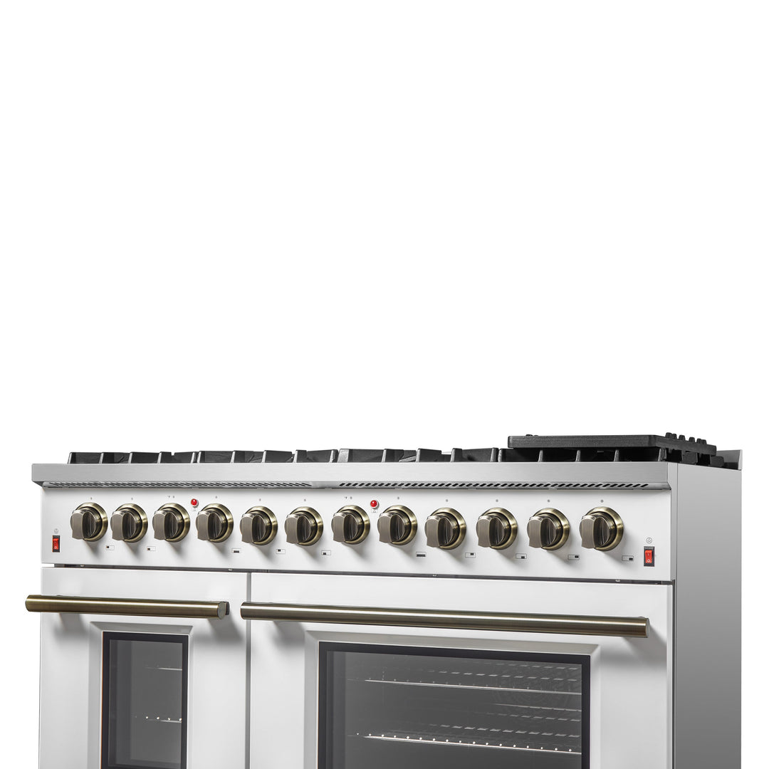 Galiano 48-inch Dual Fuel Range White &amp; Antique Brass Design with 8 Sealed Burners 107,000 BTU, 6.58 cu. ft. double ovens &amp; Griddle
