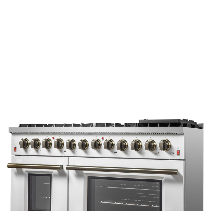 Galiano 48-inch Dual Fuel Range White &amp; Antique Brass Design with 8 Sealed Burners 107,000 BTU, 6.58 cu. ft. double ovens &amp; Griddle
