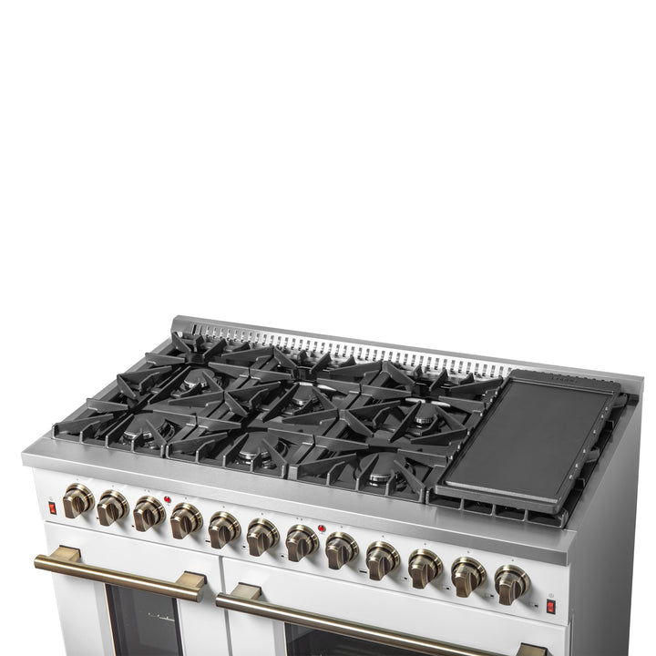 Galiano 48-inch Dual Fuel Range White &amp; Antique Brass Design with 8 Sealed Burners 107,000 BTU, 6.58 cu. ft. double ovens &amp; Griddle