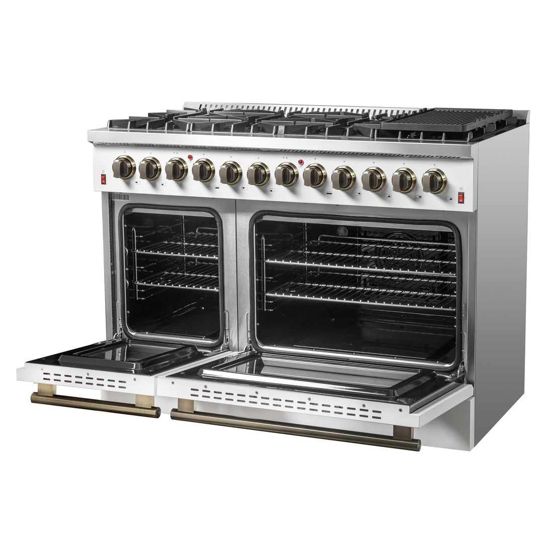 Galiano 48-inch Dual Fuel Range White &amp; Antique Brass Design with 8 Sealed Burners 107,000 BTU, 6.58 cu. ft. double ovens &amp; Griddle
