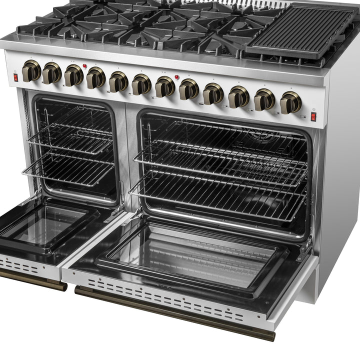 Galiano 48-inch Dual Fuel Range White &amp; Antique Brass Design with 8 Sealed Burners 107,000 BTU, 6.58 cu. ft. double ovens &amp; Griddle