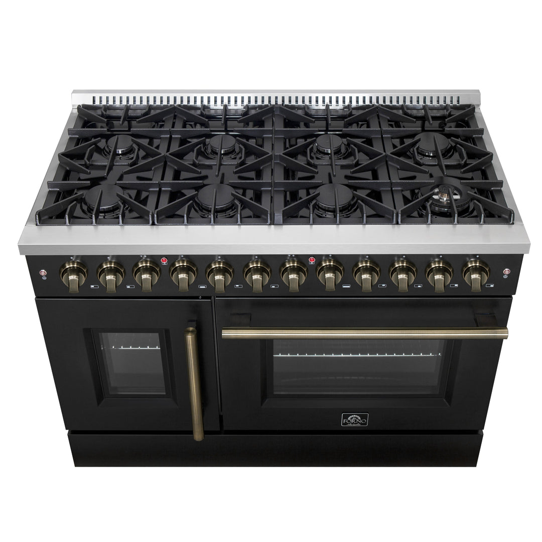 Forno Galiano 48-inch French Door Dual Fuel Range, Black &amp; Antique Brass Design, 8 Sealed Burners - 107,000 BTU, Griddle, 6.58 cu.ft. Double Ovens