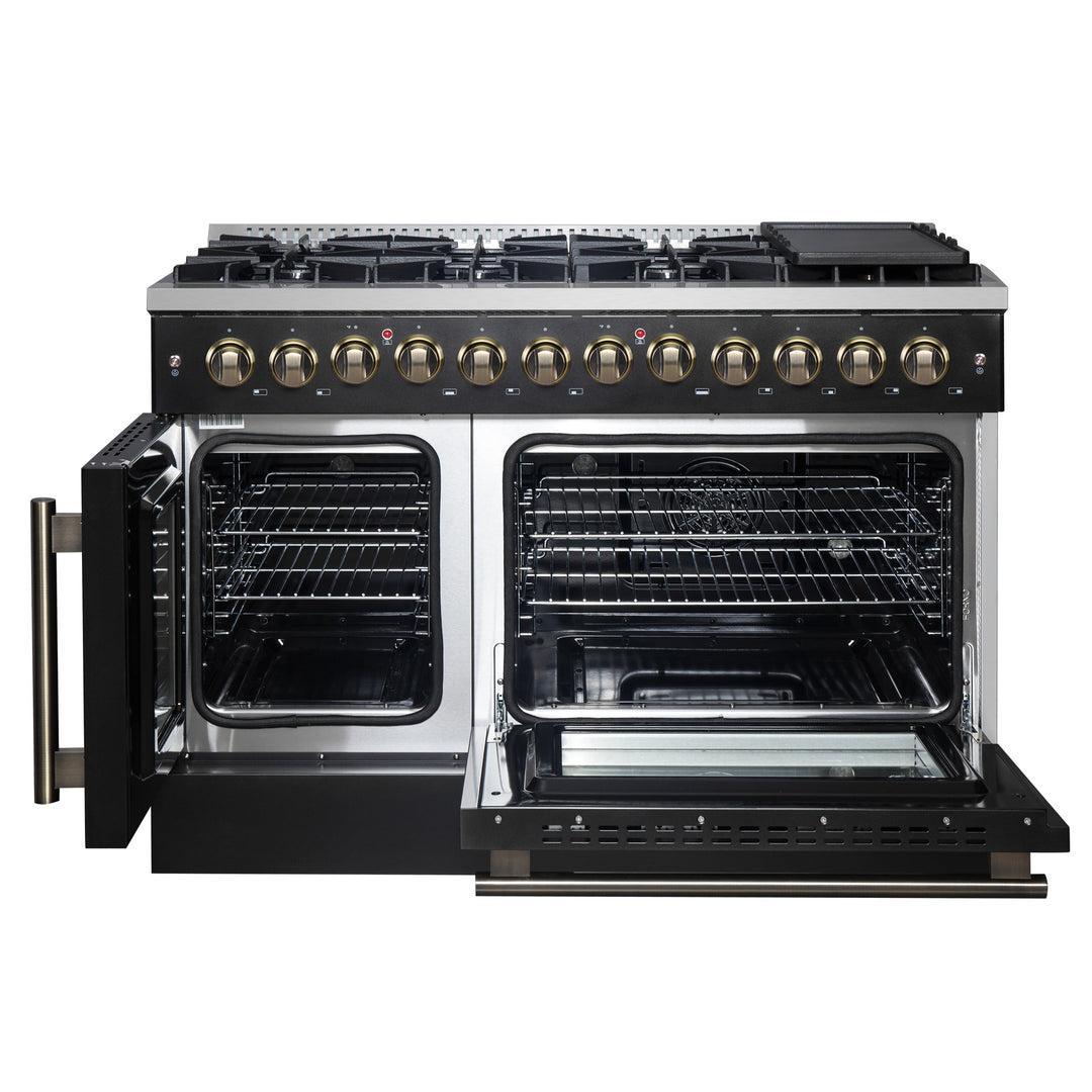 Forno Galiano 48-inch French Door Dual Fuel Range, Black &amp; Antique Brass Design, 8 Sealed Burners - 107,000 BTU, Griddle, 6.58 cu.ft. Double Ovens