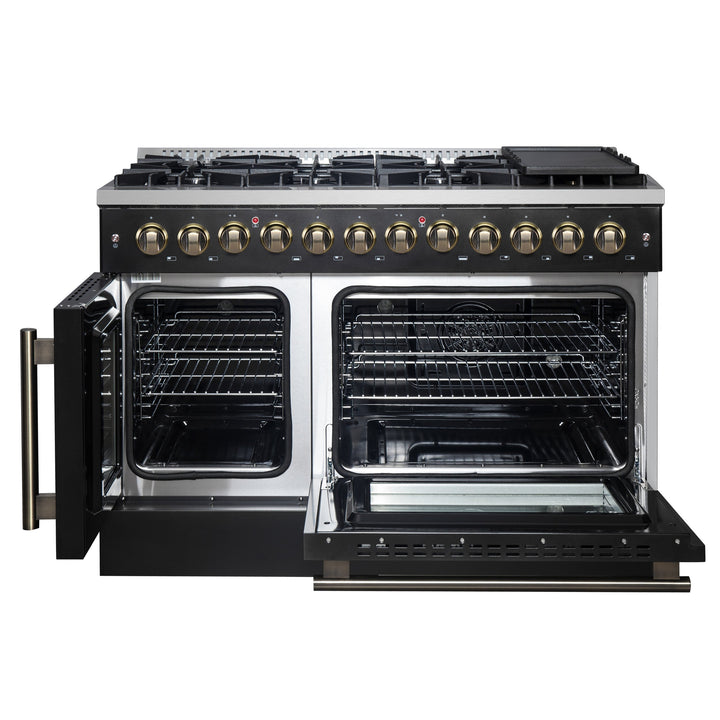 Forno Galiano 48-inch French Door Dual Fuel Range, Black &amp; Antique Brass Design, 8 Sealed Burners - 107,000 BTU, Griddle, 6.58 cu.ft. Double Ovens