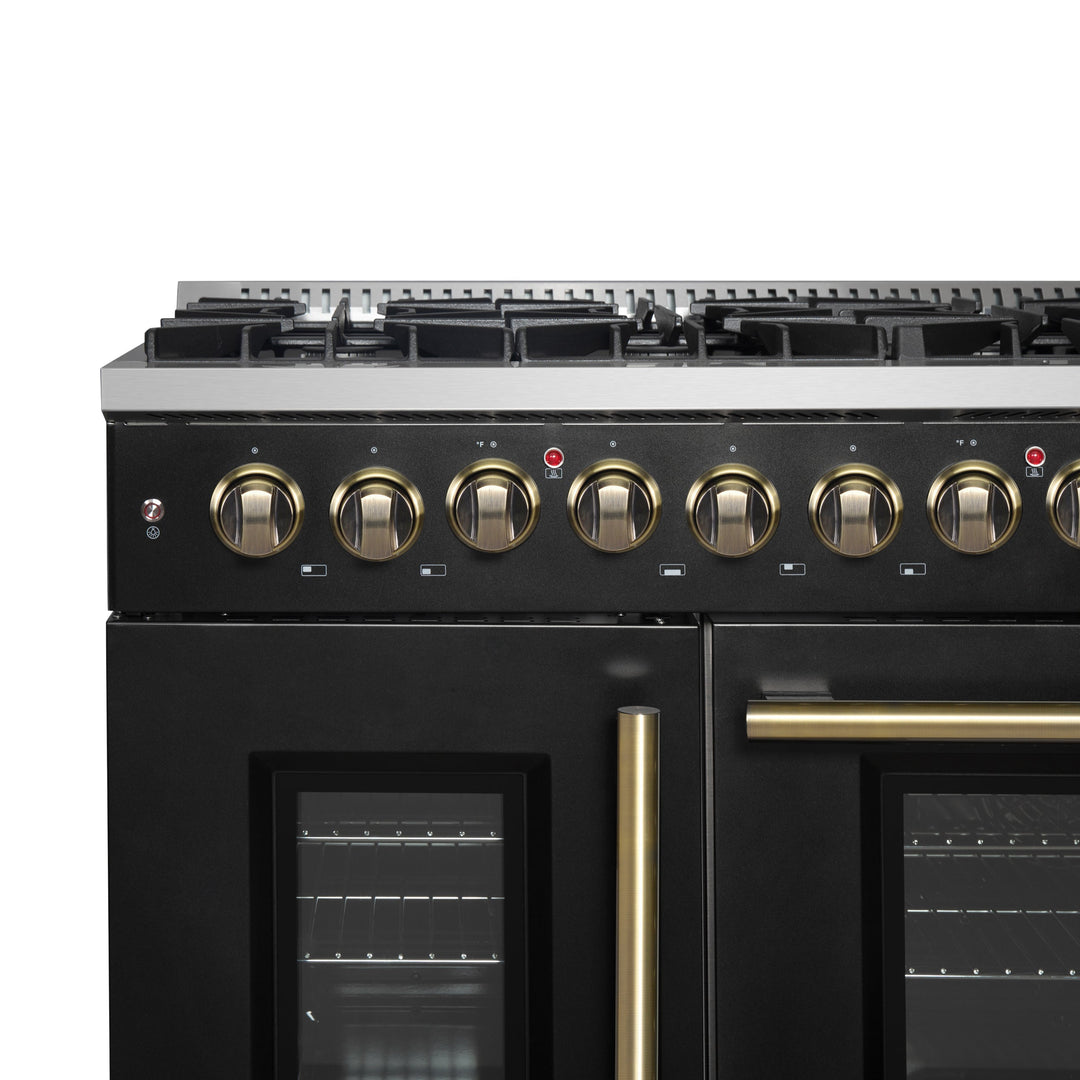 Forno Galiano 48-inch French Door Dual Fuel Range, Black &amp; Antique Brass Design, 8 Sealed Burners - 107,000 BTU, Griddle, 6.58 cu.ft. Double Ovens