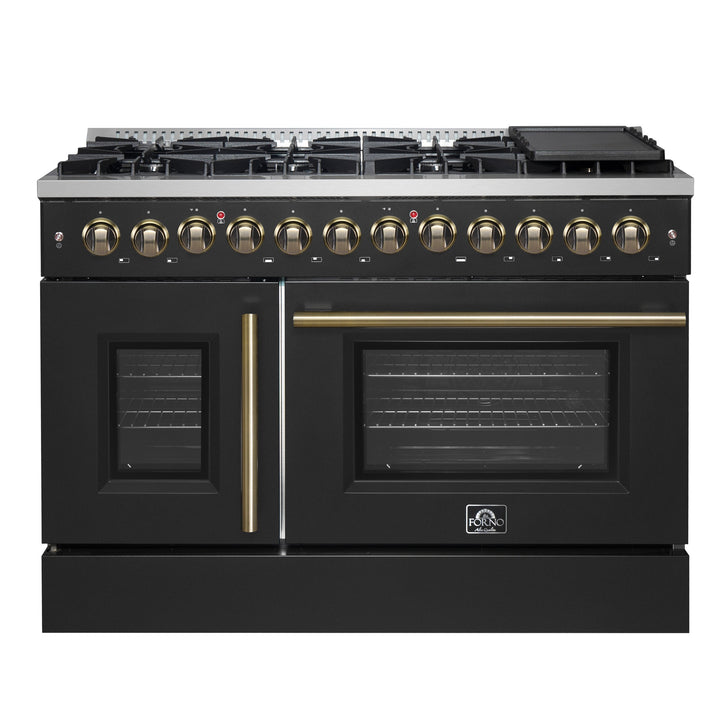 Forno Galiano 48-inch French Door Dual Fuel Range, Black &amp; Antique Brass Design, 8 Sealed Burners - 107,000 BTU, Griddle, 6.58 cu.ft. Double Ovens