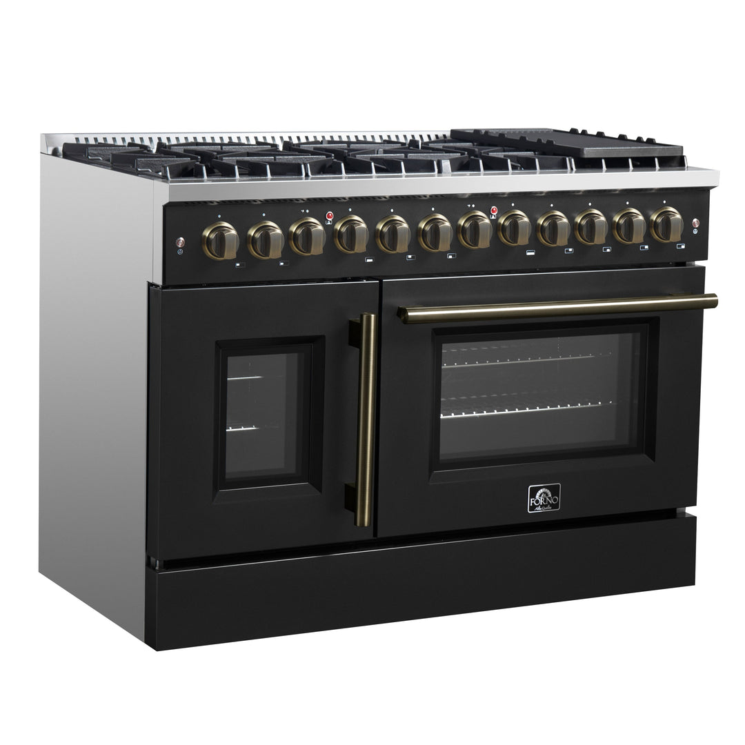 Forno Galiano 48-inch French Door Dual Fuel Range, Black &amp; Antique Brass Design, 8 Sealed Burners - 107,000 BTU, Griddle, 6.58 cu.ft. Double Ovens