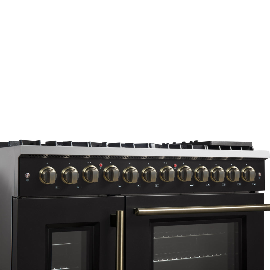 Forno Galiano 48-inch French Door Dual Fuel Range, Black &amp; Antique Brass Design, 8 Sealed Burners - 107,000 BTU, Griddle, 6.58 cu.ft. Double Ovens