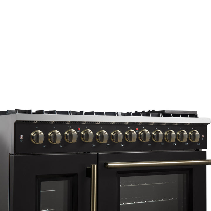 Forno Galiano 48-inch French Door Dual Fuel Range, Black &amp; Antique Brass Design, 8 Sealed Burners - 107,000 BTU, Griddle, 6.58 cu.ft. Double Ovens