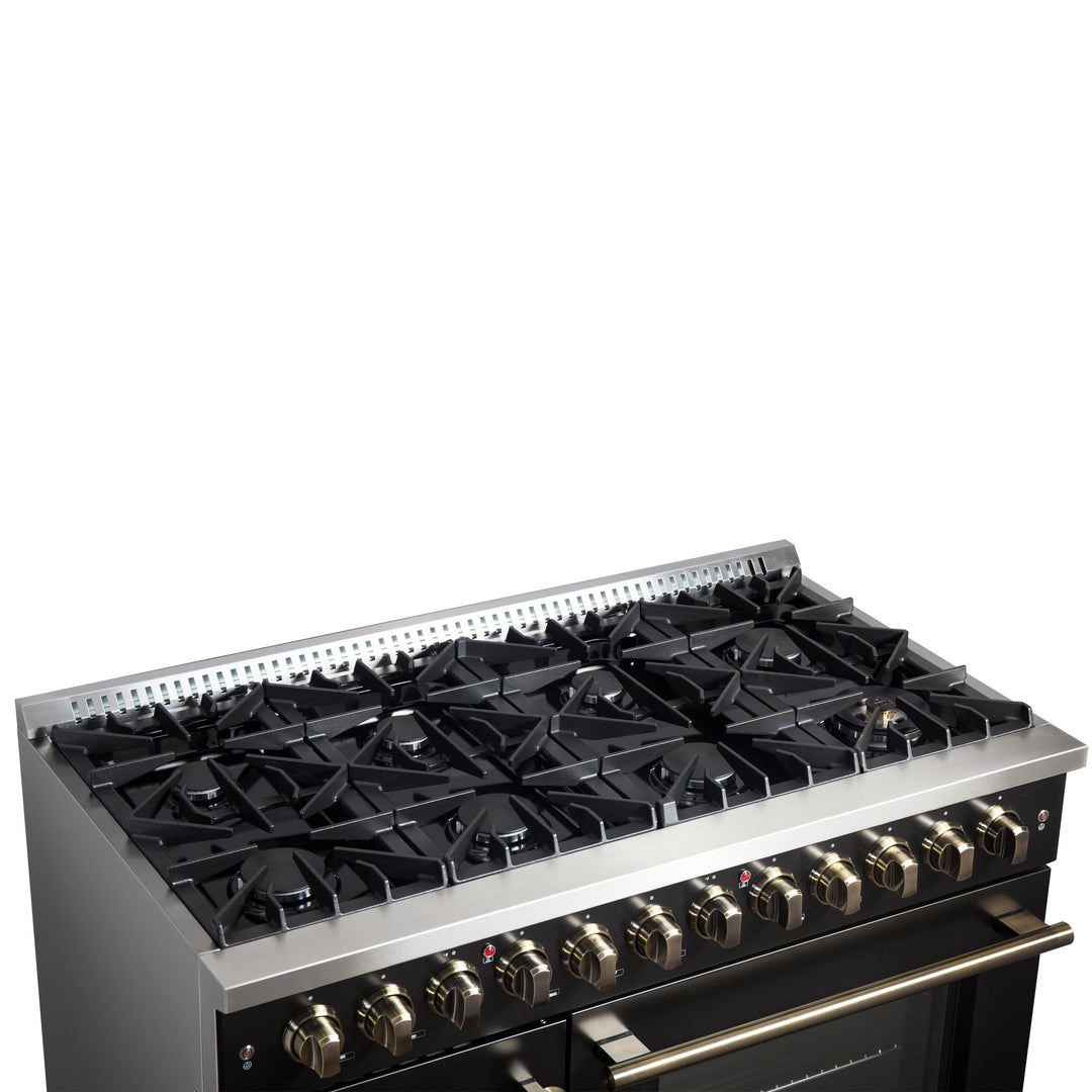 Forno Galiano 48-inch French Door Dual Fuel Range, Black &amp; Antique Brass Design, 8 Sealed Burners - 107,000 BTU, Griddle, 6.58 cu.ft. Double Ovens
