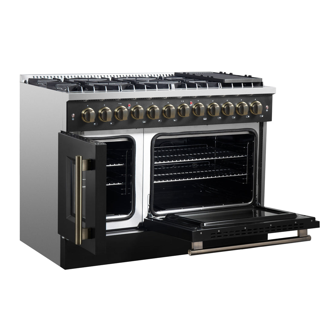 Forno Galiano 48-inch French Door Dual Fuel Range, Black &amp; Antique Brass Design, 8 Sealed Burners - 107,000 BTU, Griddle, 6.58 cu.ft. Double Ovens