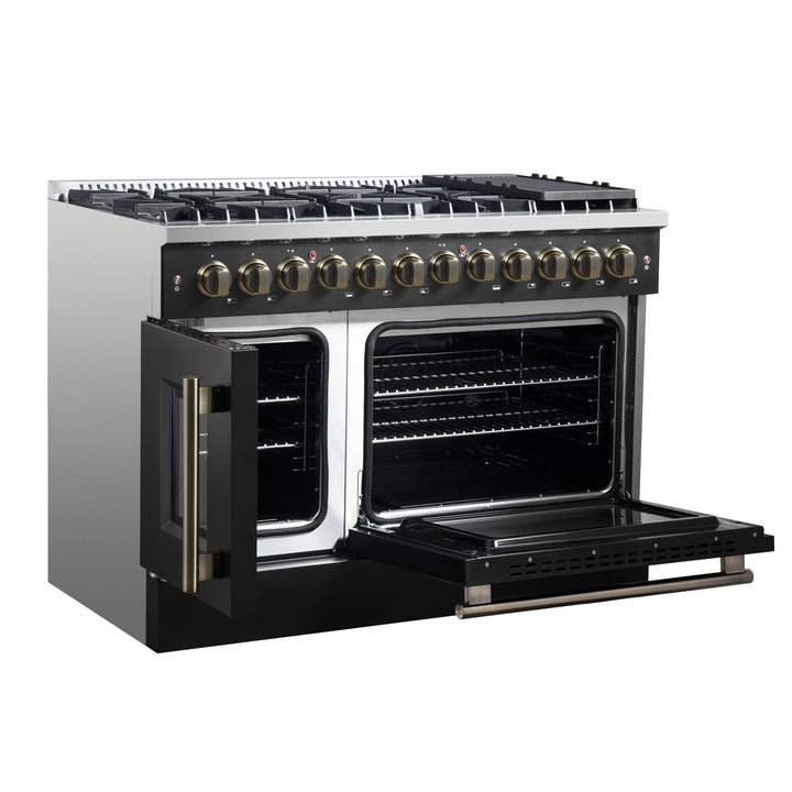 Forno Galiano 48-inch French Door Dual Fuel Range, Black &amp; Antique Brass Design, 8 Sealed Burners - 107,000 BTU, Griddle, 6.58 cu.ft. Double Ovens