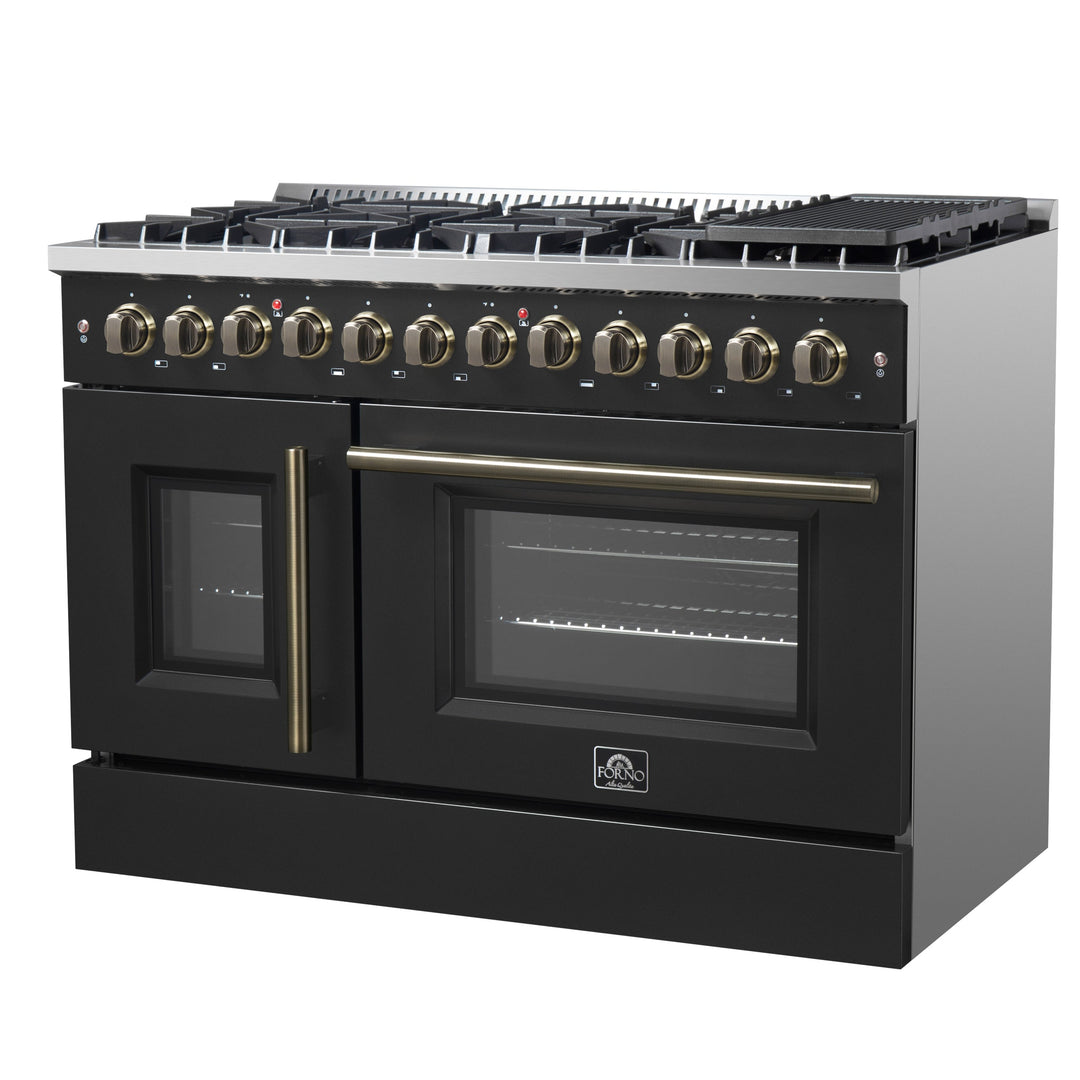 Forno Galiano 48-inch French Door Dual Fuel Range, Black &amp; Antique Brass Design, 8 Sealed Burners - 107,000 BTU, Griddle, 6.58 cu.ft. Double Ovens
