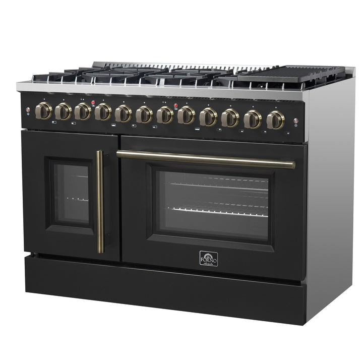 Forno Galiano 48-inch French Door Dual Fuel Range, Black &amp; Antique Brass Design, 8 Sealed Burners - 107,000 BTU, Griddle, 6.58 cu.ft. Double Ovens