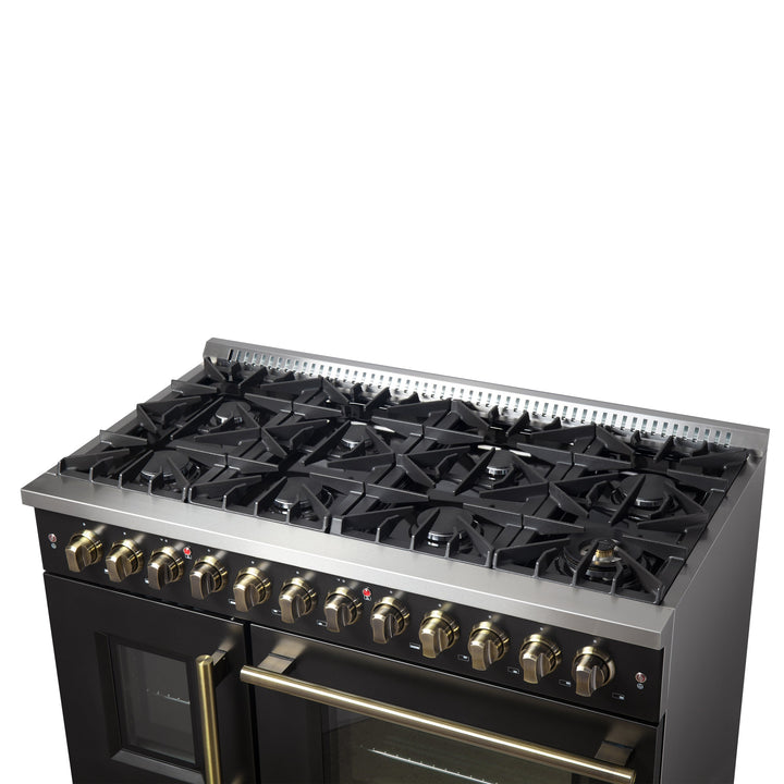 Forno Galiano 48-inch French Door Dual Fuel Range, Black &amp; Antique Brass Design, 8 Sealed Burners - 107,000 BTU, Griddle, 6.58 cu.ft. Double Ovens