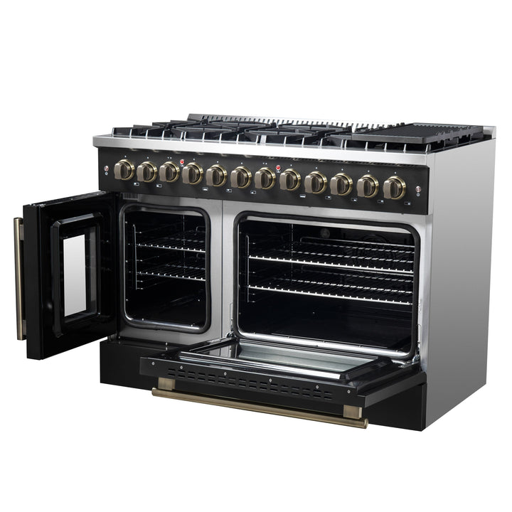 Forno Galiano 48-inch French Door Dual Fuel Range, Black &amp; Antique Brass Design, 8 Sealed Burners - 107,000 BTU, Griddle, 6.58 cu.ft. Double Ovens
