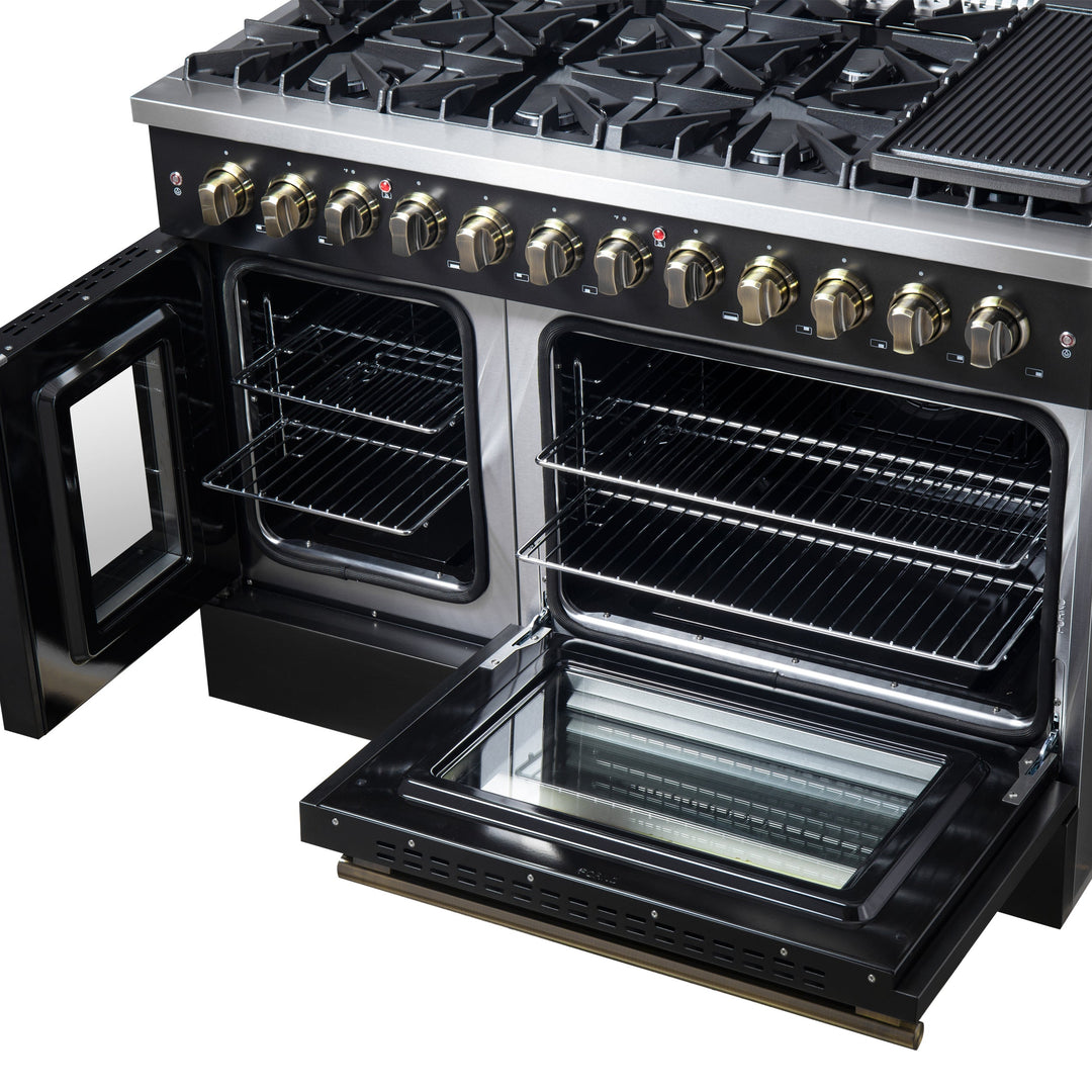Forno Galiano 48-inch French Door Dual Fuel Range, Black &amp; Antique Brass Design, 8 Sealed Burners - 107,000 BTU, Griddle, 6.58 cu.ft. Double Ovens