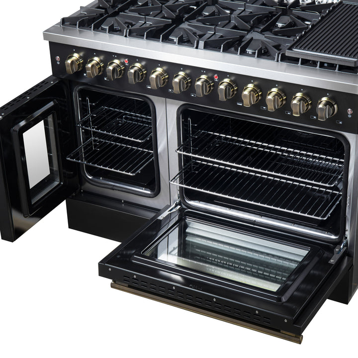Forno Galiano 48-inch French Door Dual Fuel Range, Black &amp; Antique Brass Design, 8 Sealed Burners - 107,000 BTU, Griddle, 6.58 cu.ft. Double Ovens
