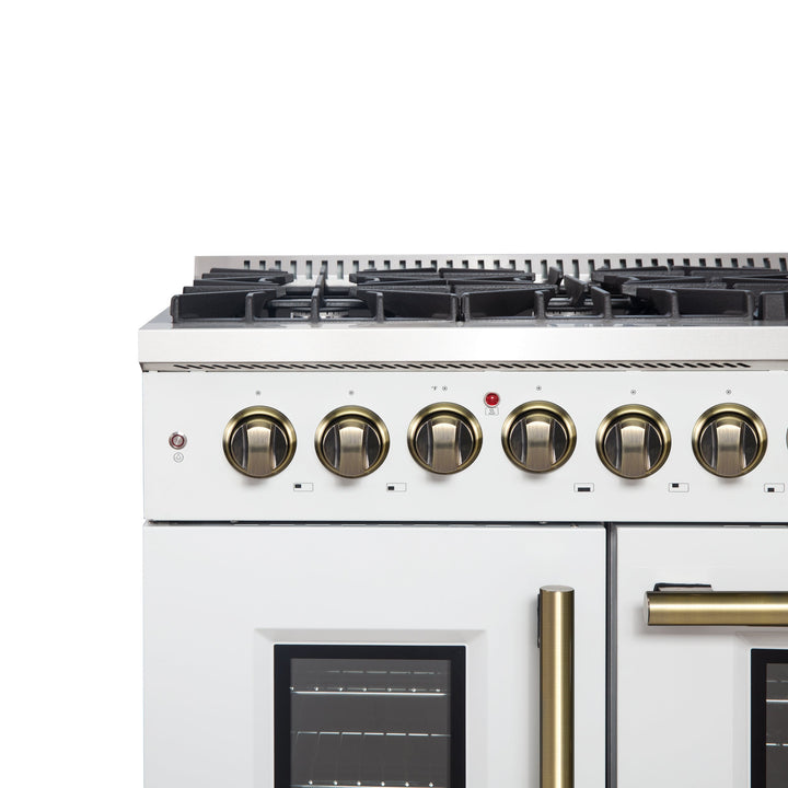 Forno Galiano 48-inch French Door Dual Fuel Range, White &amp; Antique Brass Design, 8 Sealed Burners - 107,000 BTU, Griddle, 6.58 cu.ft. Double Ovens