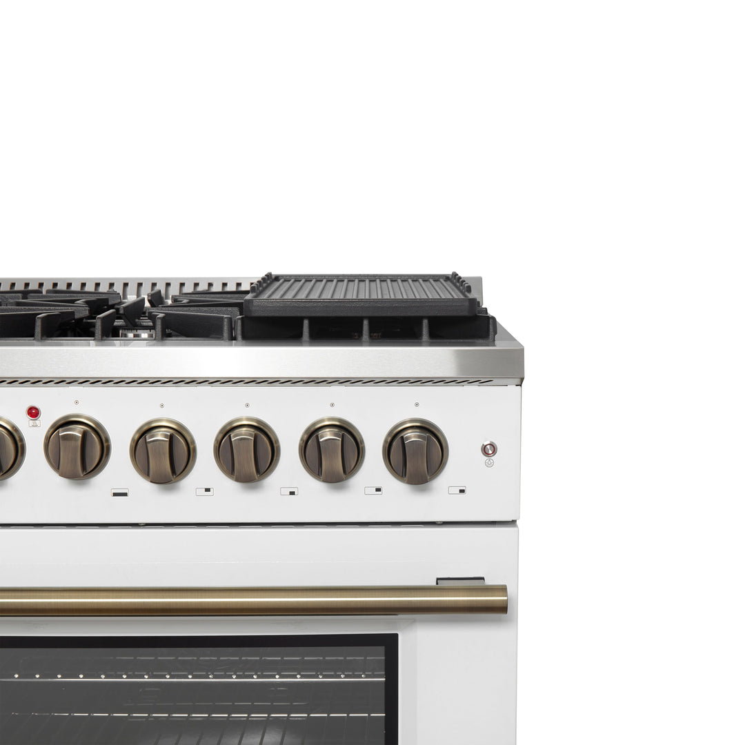 Forno Galiano 48-inch French Door Dual Fuel Range, White &amp; Antique Brass Design, 8 Sealed Burners - 107,000 BTU, Griddle, 6.58 cu.ft. Double Ovens