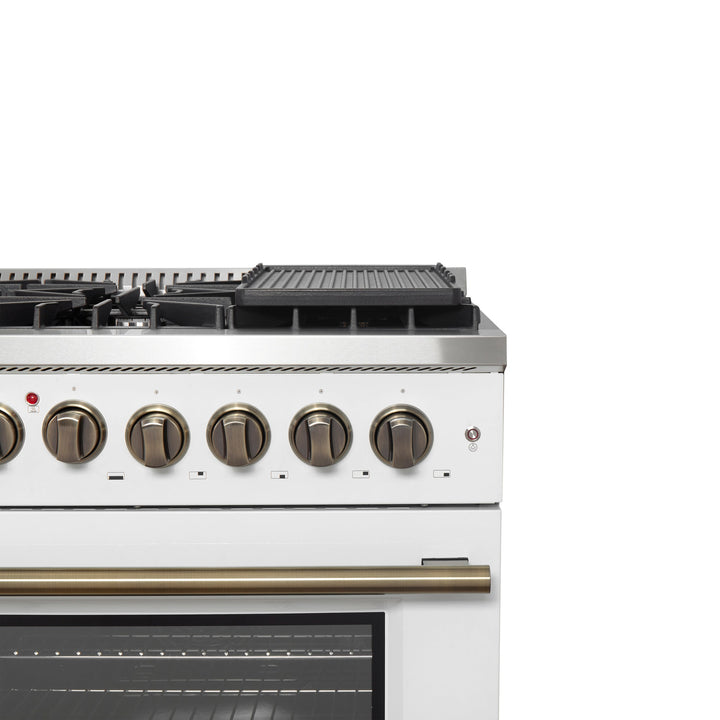 Forno Galiano 48-inch French Door Dual Fuel Range, White &amp; Antique Brass Design, 8 Sealed Burners - 107,000 BTU, Griddle, 6.58 cu.ft. Double Ovens