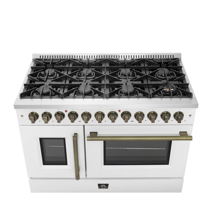 Forno Galiano 48-inch French Door Dual Fuel Range, White &amp; Antique Brass Design, 8 Sealed Burners - 107,000 BTU, Griddle, 6.58 cu.ft. Double Ovens