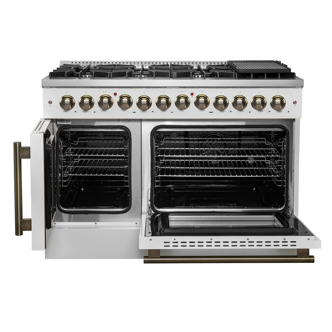 Forno Galiano 48-inch French Door Dual Fuel Range, White &amp; Antique Brass Design, 8 Sealed Burners - 107,000 BTU, Griddle, 6.58 cu.ft. Double Ovens