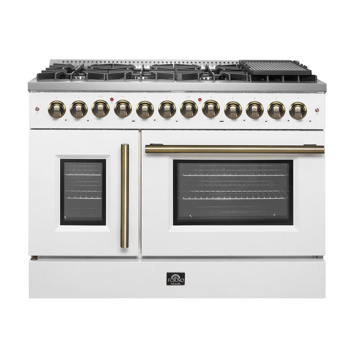 Forno Galiano 48-inch French Door Dual Fuel Range, White &amp; Antique Brass Design, 8 Sealed Burners - 107,000 BTU, Griddle, 6.58 cu.ft. Double Ovens
