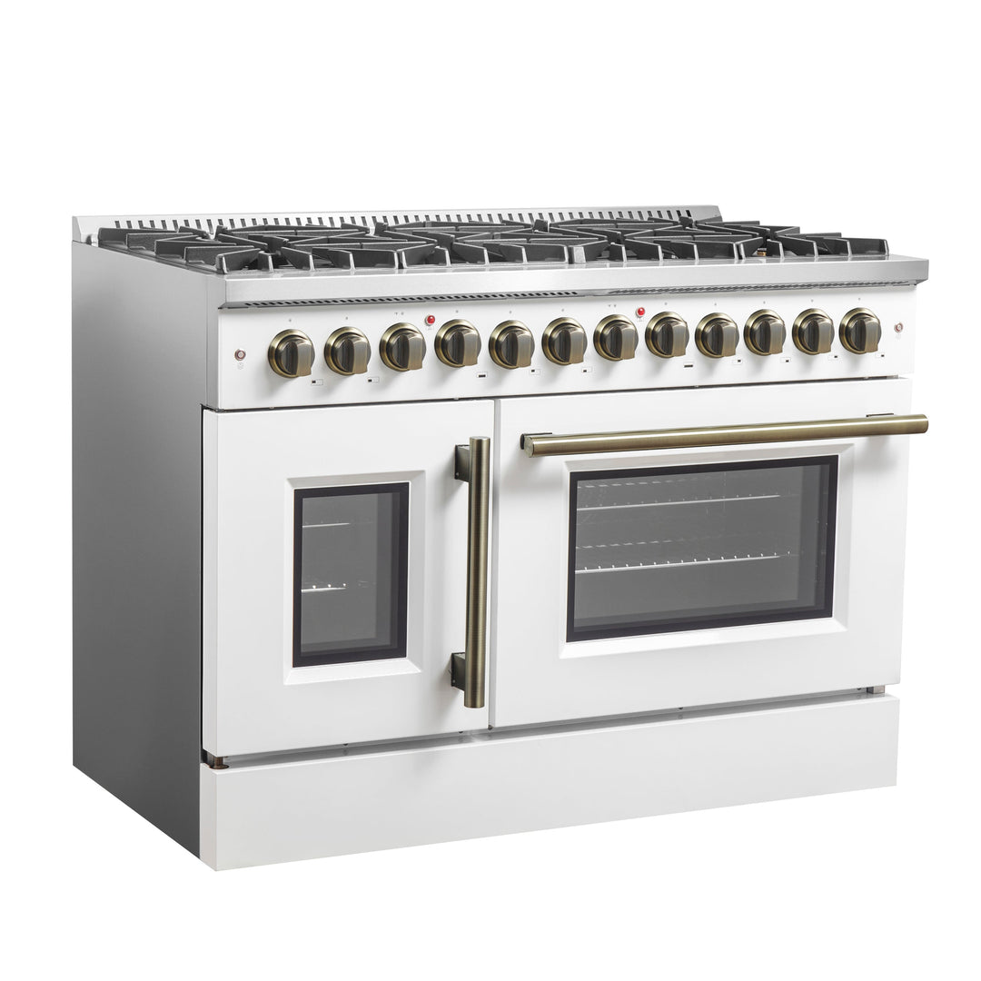 Forno Galiano 48-inch French Door Dual Fuel Range, White &amp; Antique Brass Design, 8 Sealed Burners - 107,000 BTU, Griddle, 6.58 cu.ft. Double Ovens