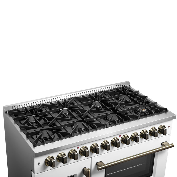Forno Galiano 48-inch French Door Dual Fuel Range, White &amp; Antique Brass Design, 8 Sealed Burners - 107,000 BTU, Griddle, 6.58 cu.ft. Double Ovens