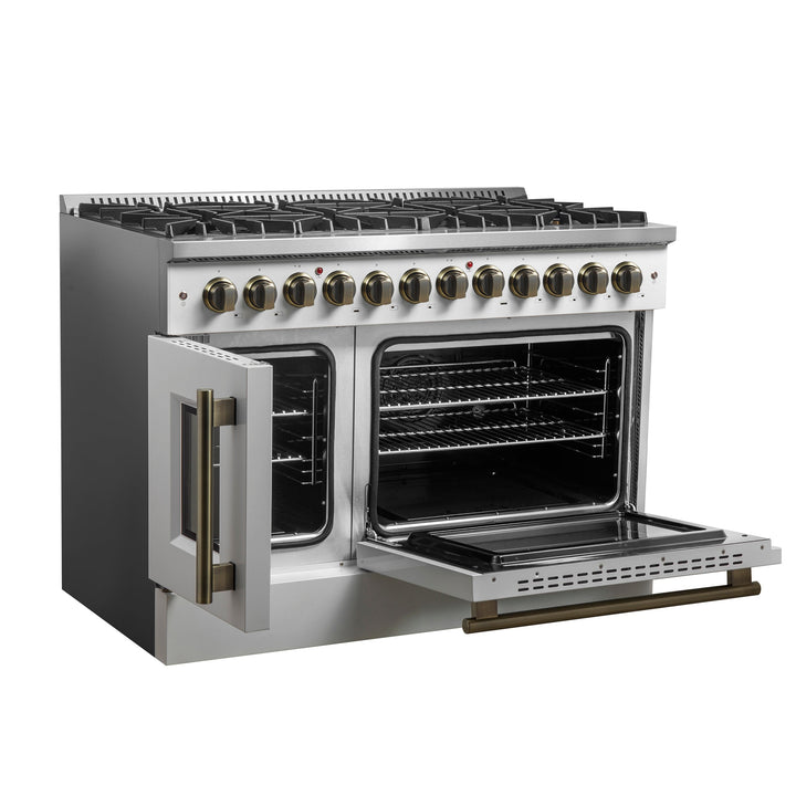 Forno Galiano 48-inch French Door Dual Fuel Range, White &amp; Antique Brass Design, 8 Sealed Burners - 107,000 BTU, Griddle, 6.58 cu.ft. Double Ovens