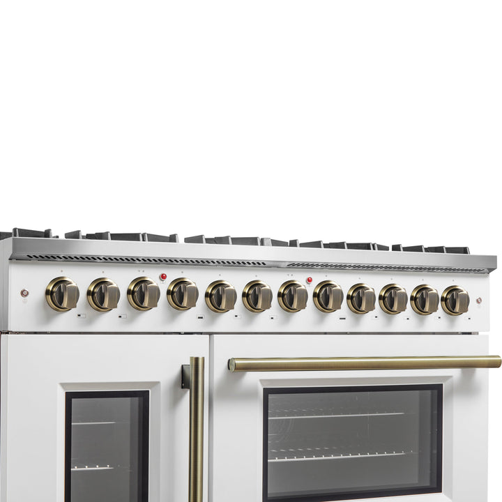 Forno Galiano 48-inch French Door Dual Fuel Range, White &amp; Antique Brass Design, 8 Sealed Burners - 107,000 BTU, Griddle, 6.58 cu.ft. Double Ovens