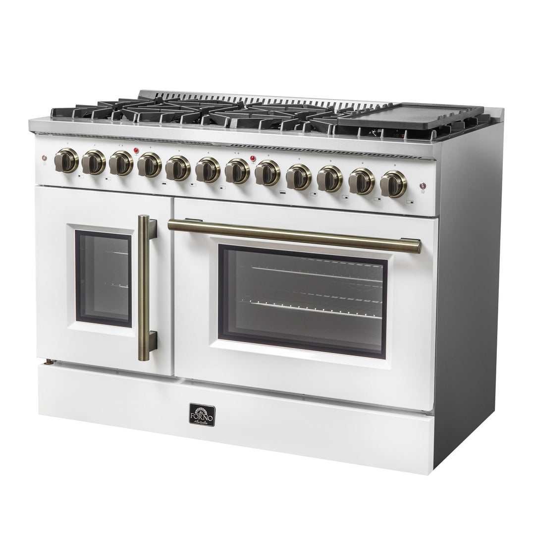 Forno Galiano 48-inch French Door Dual Fuel Range, White &amp; Antique Brass Design, 8 Sealed Burners - 107,000 BTU, Griddle, 6.58 cu.ft. Double Ovens