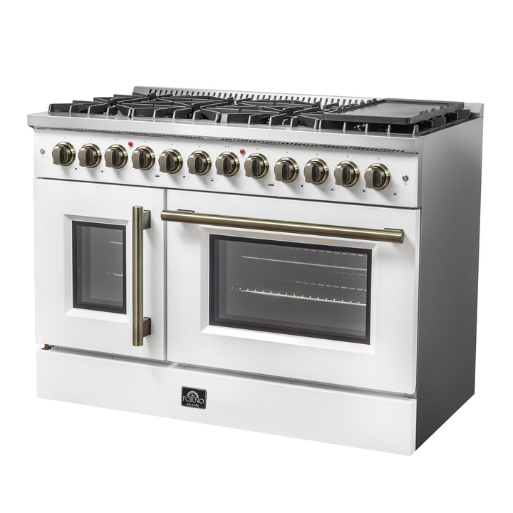 Forno Galiano 48-inch French Door Dual Fuel Range, White &amp; Antique Brass Design, 8 Sealed Burners - 107,000 BTU, Griddle, 6.58 cu.ft. Double Ovens