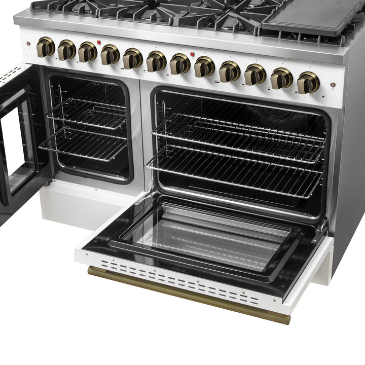 Forno Galiano 48-inch French Door Dual Fuel Range, White &amp; Antique Brass Design, 8 Sealed Burners - 107,000 BTU, Griddle, 6.58 cu.ft. Double Ovens