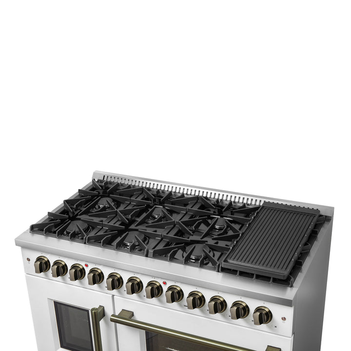 Forno Galiano 48-inch French Door Dual Fuel Range, White &amp; Antique Brass Design, 8 Sealed Burners - 107,000 BTU, Griddle, 6.58 cu.ft. Double Ovens