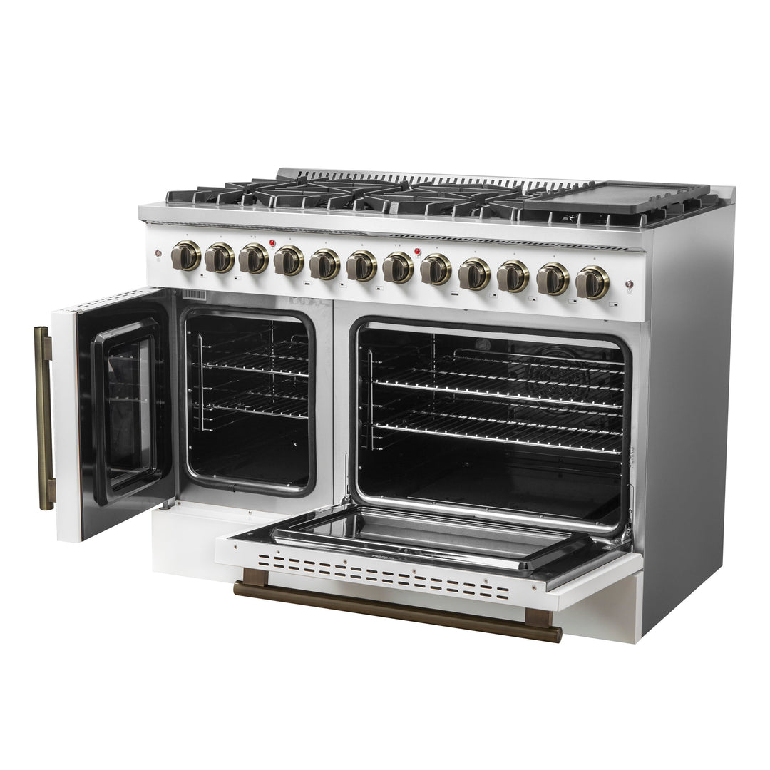 Forno Galiano 48-inch French Door Dual Fuel Range, White &amp; Antique Brass Design, 8 Sealed Burners - 107,000 BTU, Griddle, 6.58 cu.ft. Double Ovens