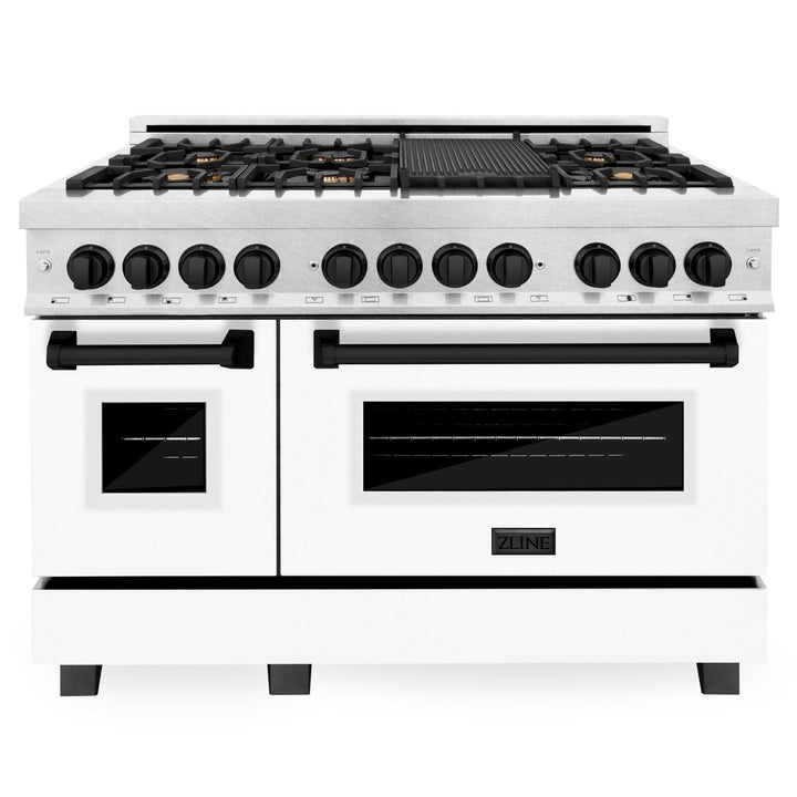 ZLINE Autograph Edition 48 in. 6.0 cu. ft. Range, Gas Stove/Electric Oven in DuraSnow® with White Matte Door, Matte Black Accents, RASZ-WM-48-MB