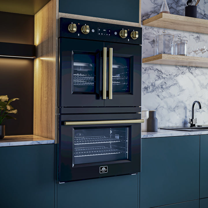 Forno Asti 30-Inch Double Electric Wall Oven with Upper French Doors in Black &amp; Antique Brass, 7.36 cu. ft. Dual True Convection, 7,200W, Air Fry, Sous Vide, Self-Clean