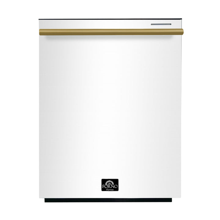 FORNO Premium 4-Piece Kitchen Bundle - Leonardo Espresso 30" White Range, 30" White Range Hood, 31" White Bottom Freezer Refrigerator, 24" White Built-In Dishwasher - FBDL-006-03US