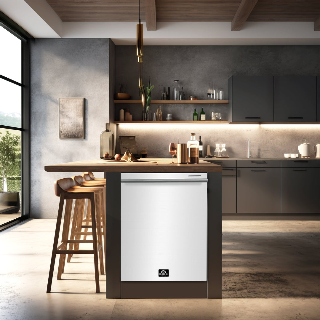 FORNO Premium 3-Piece Kitchen Bundle - Leonardo Espresso 30" White Range, 31" White Bottom Freezer Refrigerator, 24" White Built-In Dishwasher - FBDL-007-03US